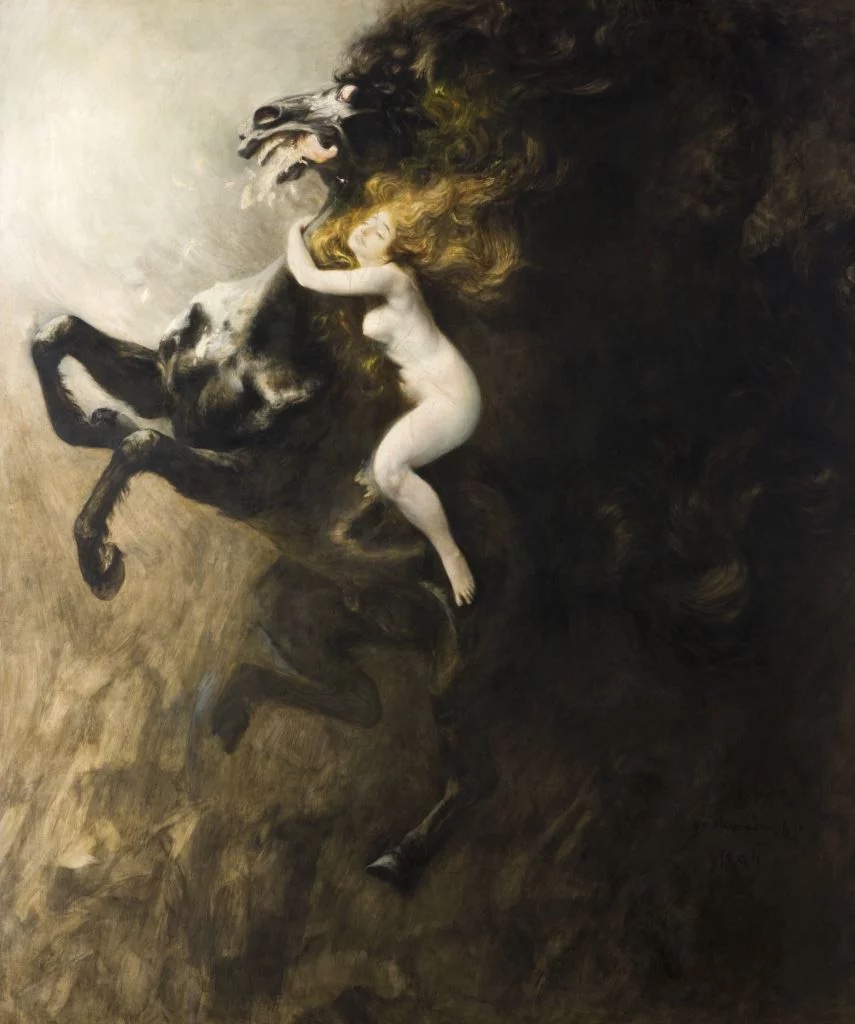 Frenzy of Exultations by Wladyslaw Podkowinski, 1893 — nude woman embracing a rearing black horse