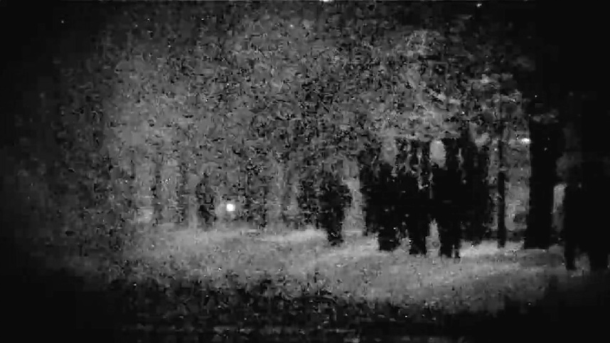 Grainy figures among trees, reduced to dots, in Immanence Deconstruction of Us