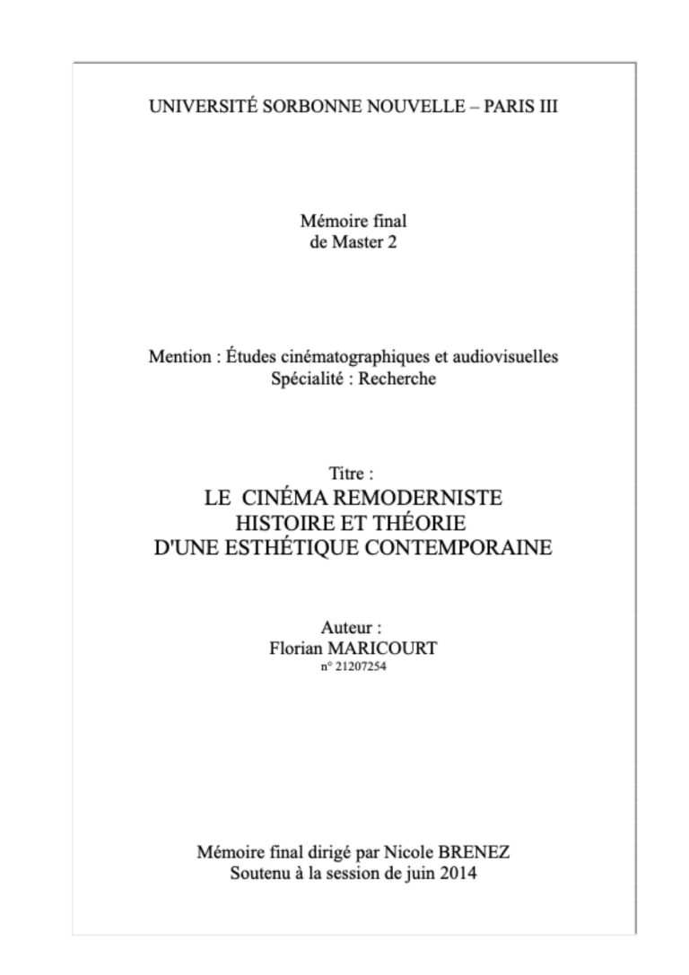 Title page of Le Cinema Remoderniste, Master 2 memoire by Florian Maricourt, Universite Sorbonne Nouvelle Paris III, 2014