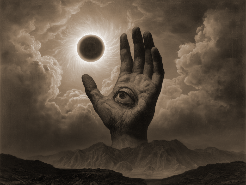 Charcoal artwork by Rouzbeh Rashidi — a hand rising from a mountain range beneath an eclipse, an eye set in its palm